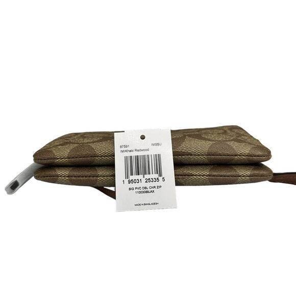 Coach Double Corner Zip Wristlet In Signature Khaki Reedwood New